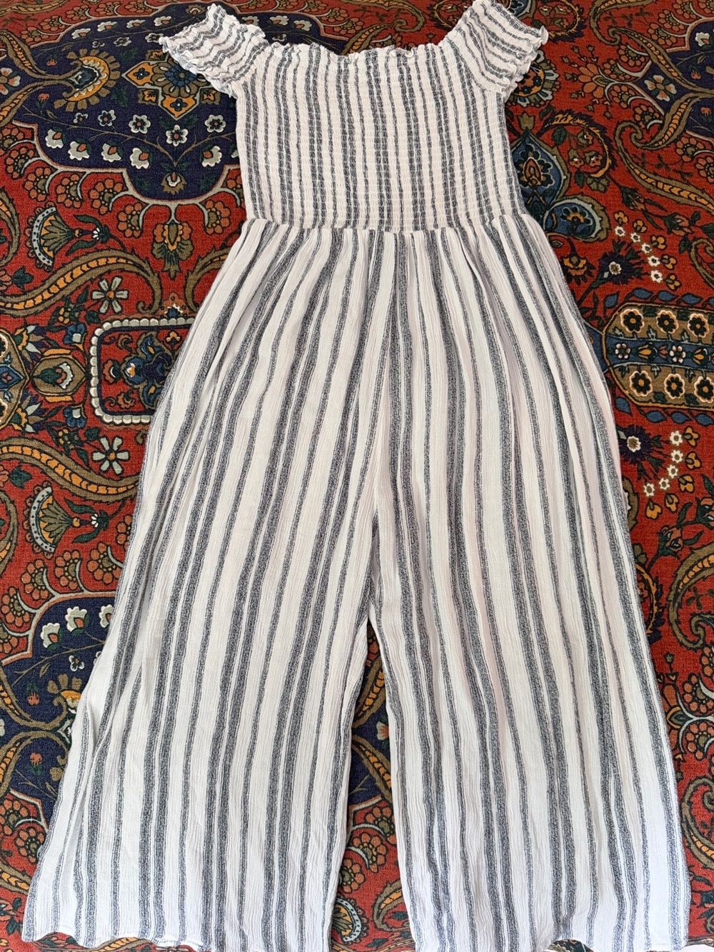 Striped White and Navy Smocked Wide-Leg Jumpsuit